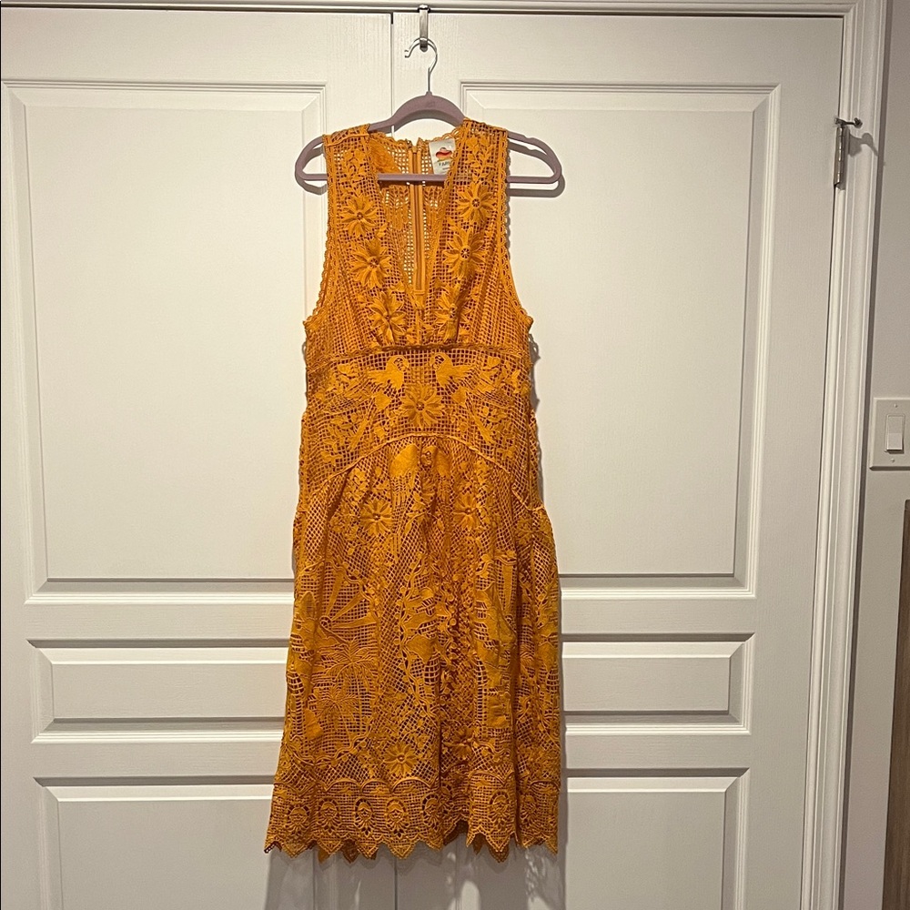 FARM Rio Mustard Yellow Crochet Midi Dress